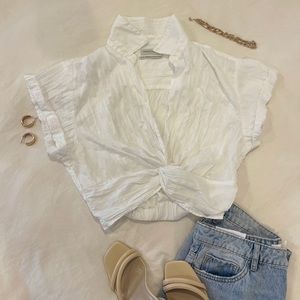 Urban Outfitters Ruched Crop Top with Front Knot (White)